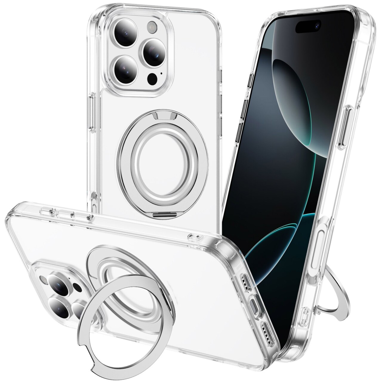 Clear Magnetic Case with Ring Stand for various Apple iPhone 17, 16, 15 Models, Fit for MagSafe, Shock Absorption Bumper, Soft Flexible TPU, Shock Resistant, Fingerprint Resistant, Protection